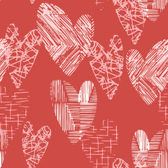 Vector seamless pattern with textured grunge hearts. Hand drawn design on red background.