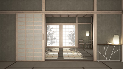 Empty open space with mats tatami and futon floor, plaster walls, wooden roof, chinese paper doors, chairs with lamps, lounge room, window with zen garden shadows, meditation room