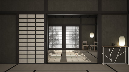 Empty open space, mats, tatami and futon floor, gray plaster walls, wooden roof, chinese paper doors, chairs with lamps, lounge room, window with zen garden shadows, meditation room