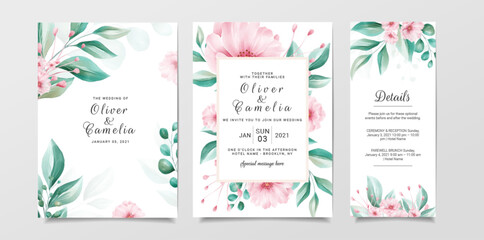 Romantic wedding invitation card template set with floral and watercolor background. Flowers and leaves botanic illustration for background, save the date, invitation, greeting card, etc