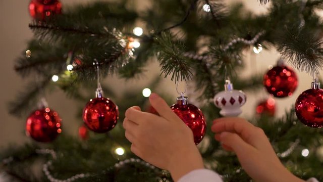 Close-up hands of a little girl decorate the Christmas tree in Christmas, New year, the child beautifully touches the hands of a red shiny ball. Cozy atmosphere of the house on the eve of the holiday.