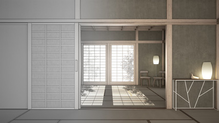 Obraz premium Architect interior designer concept: empty open space with mats tatami and futon floor, wooden roof, chinese paper doors, chairs with lamps, lounge room, window with zen garden