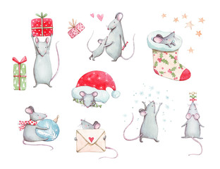Cute set with New Year (Christmas) pretty mice (rats) with decorations, gift boxes, candies, christmas sock, snowflakes. Hand drawn watercolor illustration for winter design with new year 2020 symbol.