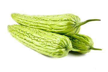 Momordica charantia balsam apple, balsam pear, bitter cucumber, bitter gourd, bitter melon tropical herb isolated on white background.Health and medical concept