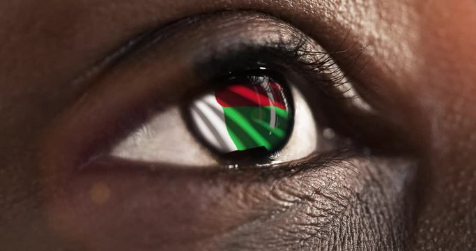 Woman black eye in close up with the flag of Madagascar in iris with wind motion. video concept