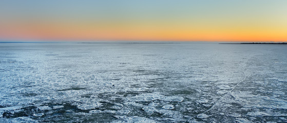 Amazing view of frozen sea surface during crossing on the ferry boat.