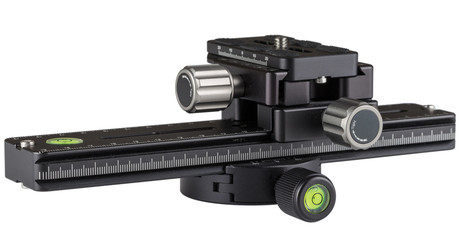 A set of macro rails and tripod sites that can be used to shoot panoramas and rotate the camera around a nodal point, on a white background.