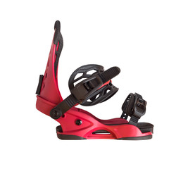 Side view of black and red snowboard binding isolated on white background. Winter sport equipment