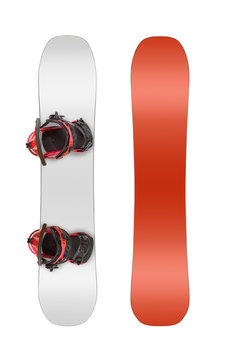 Front and back views of snowboard with bindings isolated on white background