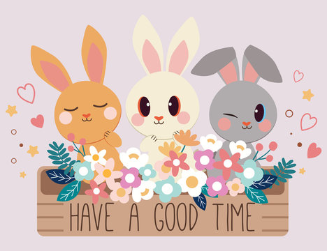 The character of cute rabbit sitting behide of the big plant pot have a flower and text of have a good time. The cute rabbit sitting with flower in the plant pot and have heart a star around theme.