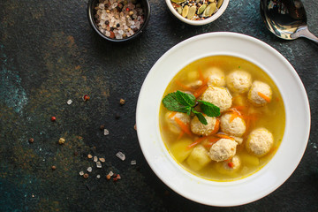 soup meatballs (poultry, chicken, turkey, vegetables) menu concept. food background. top view. copy space