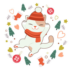 The character of cute cat sleepping on the white background. The white background have a elemant christmas tree and ball and sock and star and heart. The character of cute cat in flat vector style.