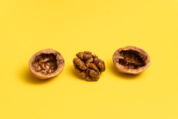 Delicious walnut on bright yellow background.