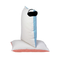 Personified quilted pillows with sleeping mask isolated on white background. Soft cushion for comfortable sleep and sweet dreaming