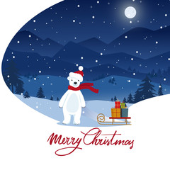 Cute polar bear pulls sled with christmas gifts boxes . Cozy snowy night scene. Flat cartoon style illustration.