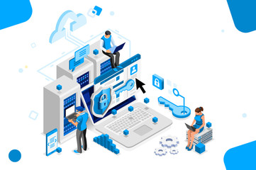 Online administrator, web hosting concept. Technician repair software. Hardware protection share infographic. Store safe server concept. Characters and text images, flat isometric vector illustration - 306342992