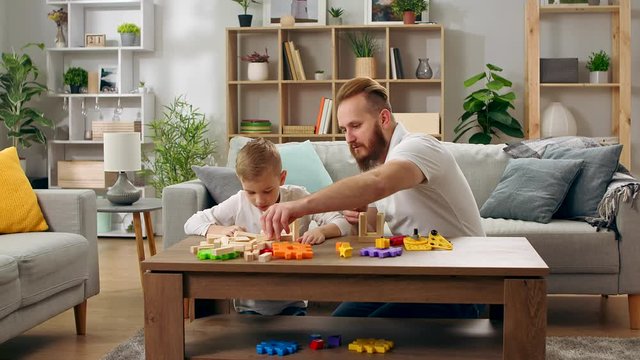Father and son play with the constructor in the living room