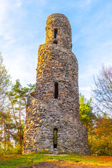 Spiral lookout tower of Krasno. Unusual stone landmark near Krasno Village, Czech Republic