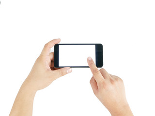 Man asian hand holding horizontal the black smartphone with blank screen for text, isolated on white background.
