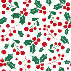 Vector seamless pattern with christmas holly berries; background with snowflakes; Christmas design for greeting card, gift box, wallpaper, wrapping paper, fabric, web design.