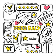 Customer feedback, positive review. Client puts a high rating in application. Online service evaluation. Hand drawn doodle modern set: phone, rank, rating scale stars, paper plane, gift box.