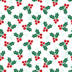 Vector seamless pattern with christmas holly berries; background with snowflakes; Christmas design for greeting card, gift box, wallpaper, wrapping paper, fabric, web design.