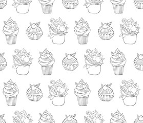 Seamless pattern of dessert in vector. Background of cake hand drawn. Illustration of sweet pastries for Valentine's day, birthday. Black line art on a white background.