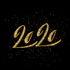 Happy New 2020 Year poster with lettering composition. Seasonal flyers and greetings cards for Christmas holydays. Gold sparkling design. Vector illustration.