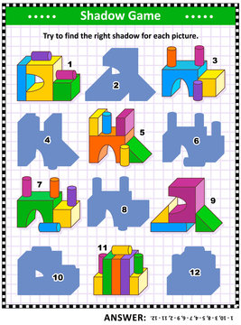 IQ and spatial reasoning training visual puzzle or picture riddle: Try to find the right shadow for every building blocks construction. Answer included.