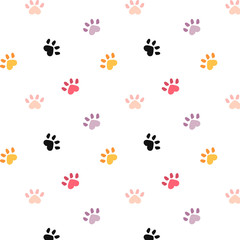 Seamless pattern of cute cat footprints like hearts in cartoon style in black and pastel colors. Simple seamless pattern for background, wrapping paper, fabric surface design, for St.Valentine day
