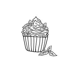 Black and white illustration of a cupcake with cream. The cupcake is decorated with three flowers and a leaf of mint. Isolated object on a white background. Element for postcards, coloring.