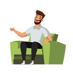 Bearded man character sitting in green armchair
