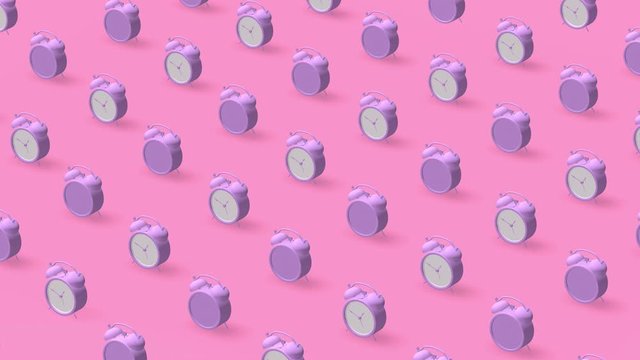 Lilac alarm clocks, pink background. Abstract 3d animation.