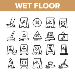 Wet Floor Collection Elements Icons Set Vector Thin Line. Leg Slips On Wet Floor, Human Silhouette Janitor Cleaning And Caution Mark Concept Linear Pictograms. Monochrome Contour Illustrations