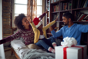 Family enjoying on winter holiday.happy family celebrate Christmas