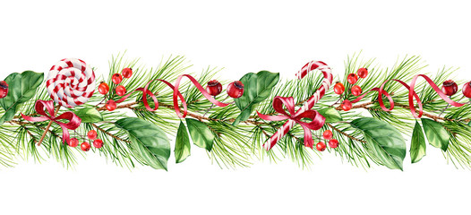 Watercolor seamless border with Christmas candies, fir branches and decor. Hand painted garland isolated on white background for winter holiday season, greeting cards, banners, calendars
