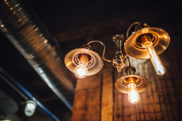 View on hanging wintage light bulbs, edison style light
