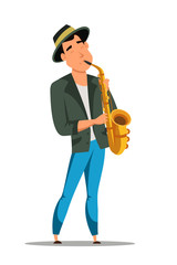 Male jazz saxophonist character isolated on white