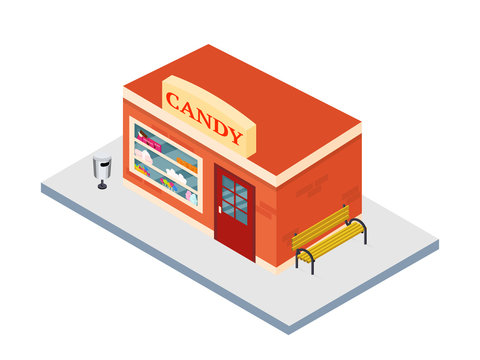 Isometric candy shop. Storefront with cakes, lollypops, pies on plates. Different sweet dessert selling in store window. Colorful exterior, bench and flowerpots. Vector flat illustration.