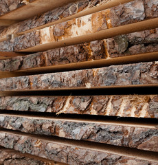 Wooden planks. Air-drying timber stack.