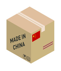 Cardboard Box with Flag of China and Made in China Slogan. Free Shipping Concept. ‘Made In China’ label on cardboard carton box. Vector illustration