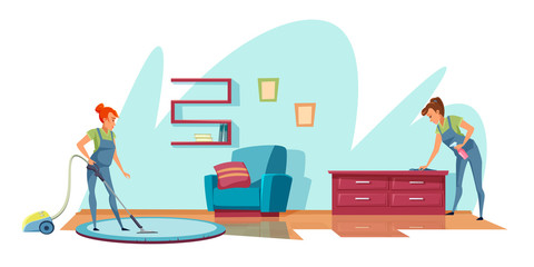 Women cleaning apartment flat vector illustration