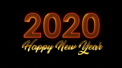 Happy New Year 2020 Greeting With Gold And Neon Light Style Isolated On Black Background