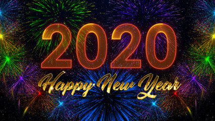 Wonderful Happy New Year 2020 Gold Shines And Neon Light Greeting With Attractive Fireworks Explosion On Dark Starry Night Sky