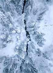 Top view of winter mountain river surrounded by trees and banks of snow-covered
