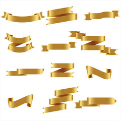 Gold Ribbon Set In Isolated For Celebration Banner White Background, Vector Illustration