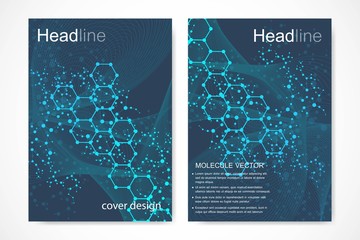 Vector templates for brochure magazine leaflet flyer cover booklet annual report. Modern futuristic hexagonal pattern with particle, molecule structure for medical, technology, chemistry, science.