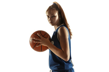 Young caucasian female basketball player of team in action, motion in run isolated on white...