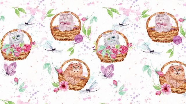 Abstract background with hand drawn watercolor cats and flowers. Seamless looping 4K footage.	