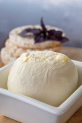 Mozzarella ball in a square bowl. Homemae  italian soft cheese, close up.